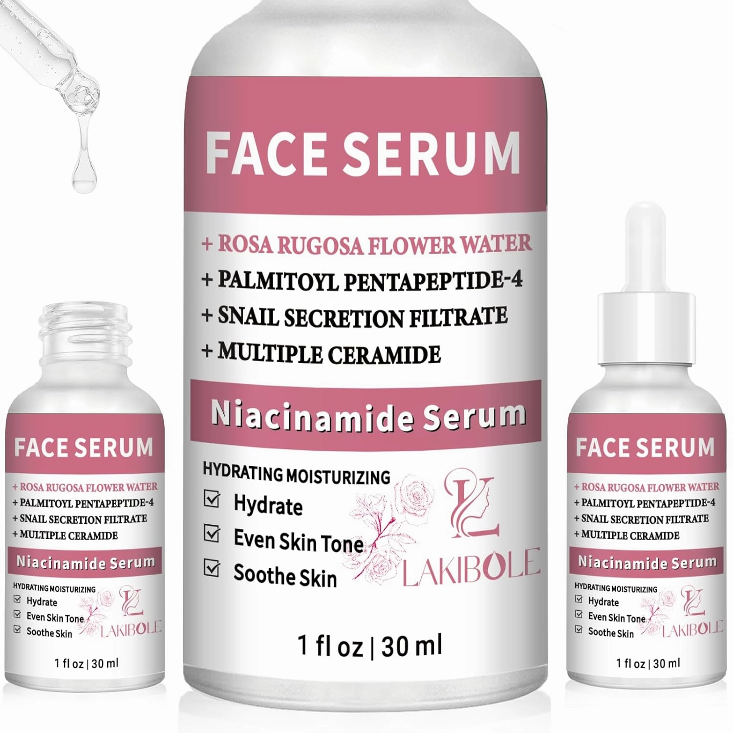 LAKIBOLE 3 Pack 5% Niacinamide Serum with 5% Damascus Rose Floral Water (1fl.oz/30ml Each)