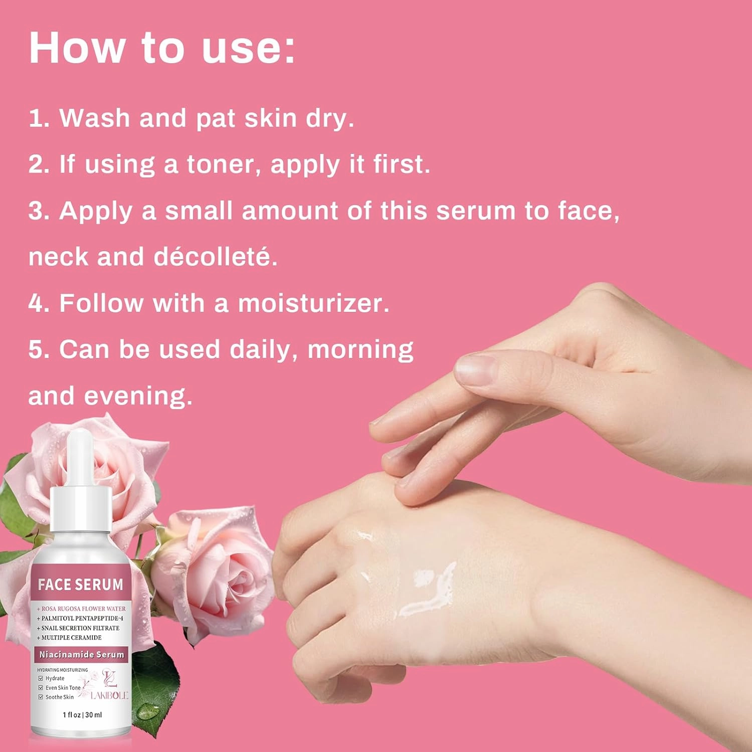 LAKIBOLE 3 Pack 5% Niacinamide Serum with 5% Damascus Rose Floral Water (1fl.oz/30ml Each)