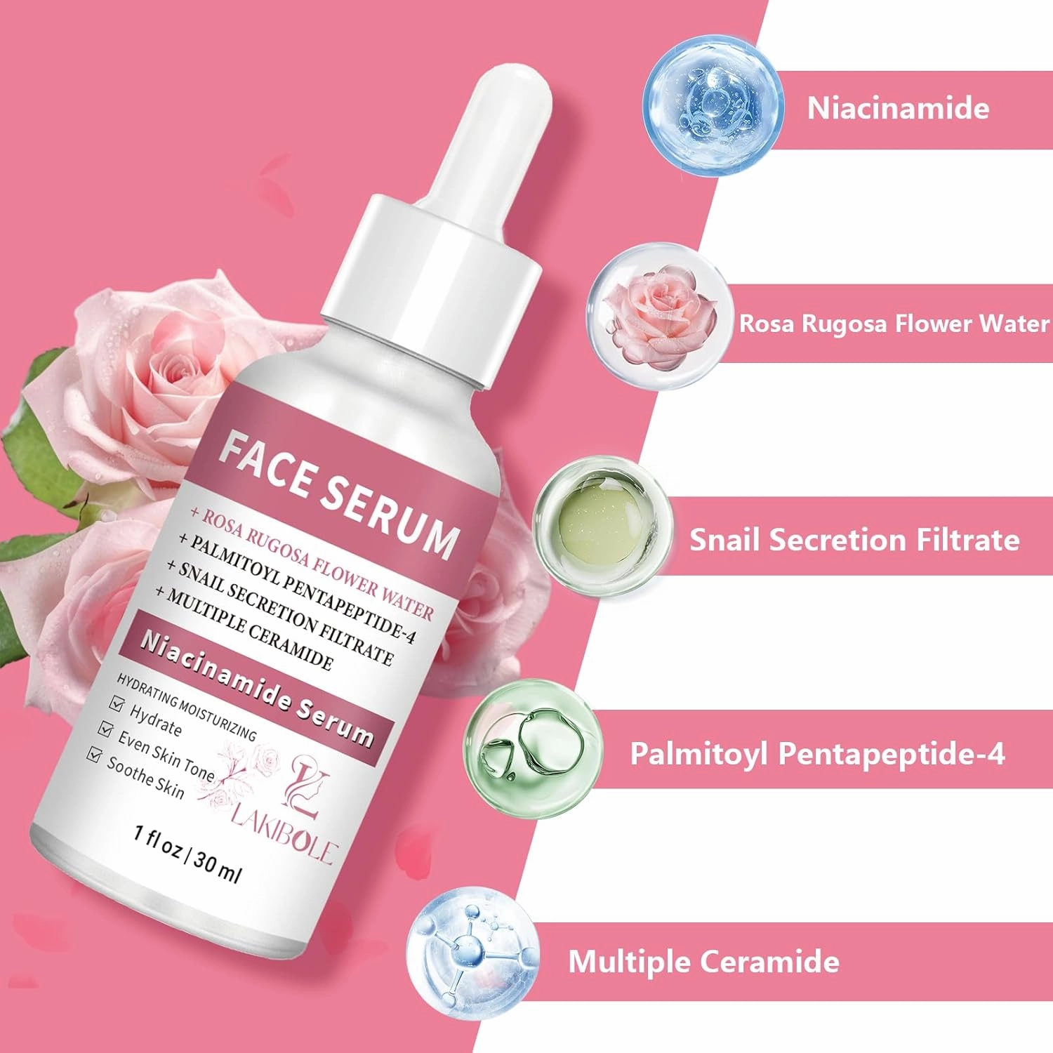 LAKIBOLE 3 Pack 5% Niacinamide Serum with 5% Damascus Rose Floral Water (1fl.oz/30ml Each)