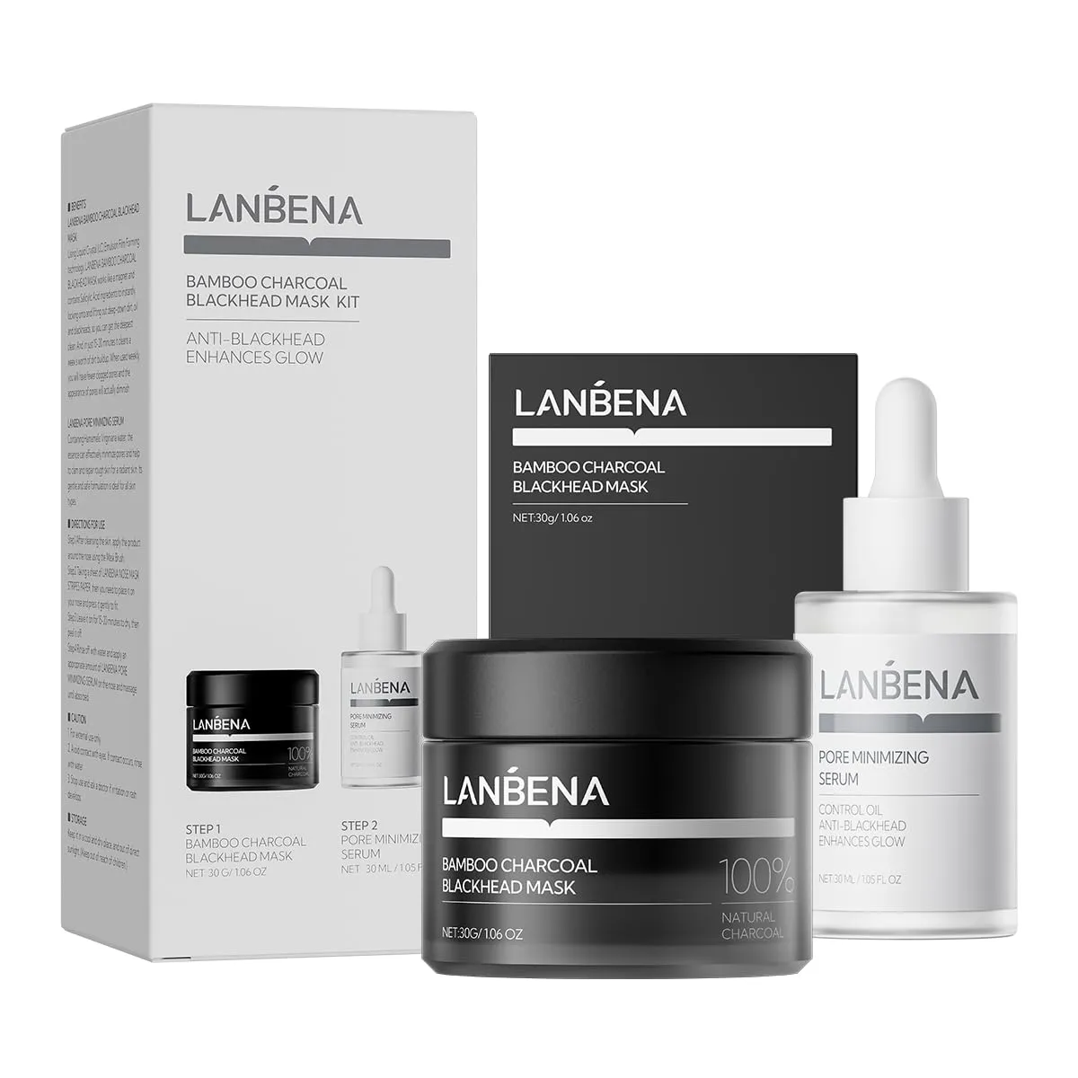 LANBENA 3 in 1 Blackhead Removing Set, Bamboo Charcoal Pore Strips 30g Pore Serum 30ml, Black Head Remover Mask for Face, Pore Minimizer & Reducer for Face, Leaving Your Skin Fresh and Clean