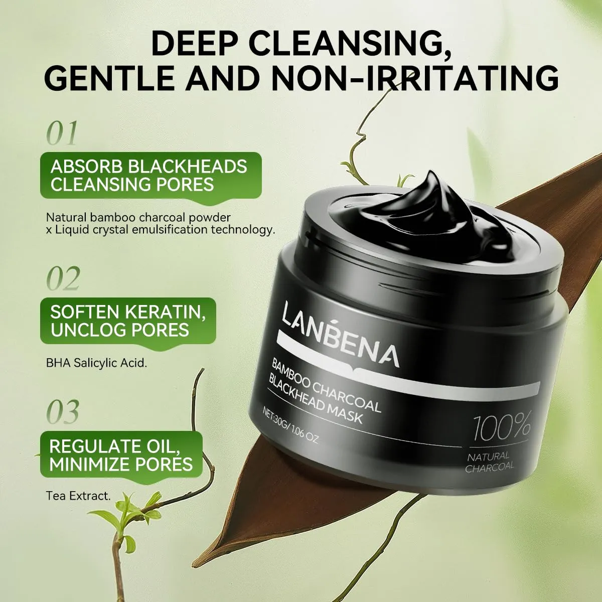 LANBENA 3 in 1 Blackhead Removing Set, Bamboo Charcoal Pore Strips 30g Pore Serum 30ml, Black Head Remover Mask for Face, Pore Minimizer & Reducer for Face, Leaving Your Skin Fresh and Clean