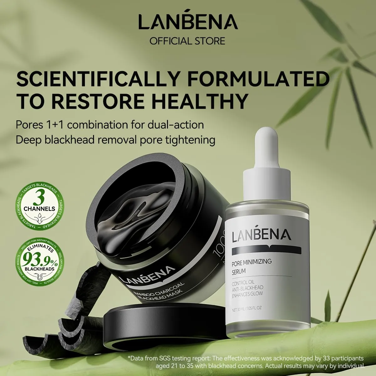 LANBENA 3 in 1 Blackhead Removing Set, Bamboo Charcoal Pore Strips 30g Pore Serum 30ml, Black Head Remover Mask for Face, Pore Minimizer & Reducer for Face, Leaving Your Skin Fresh and Clean
