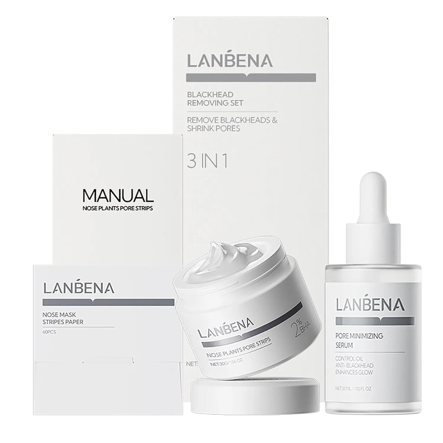 LANBENA 3 in 1 Blackhead Removing Set, Pore Strips 30g Pore Serum 30ml Removal Strip Paper, Black Head Remover Mask for Face, Pore Minimizer & Reducer for Face, Leaving Your Skin Fresh and Clean