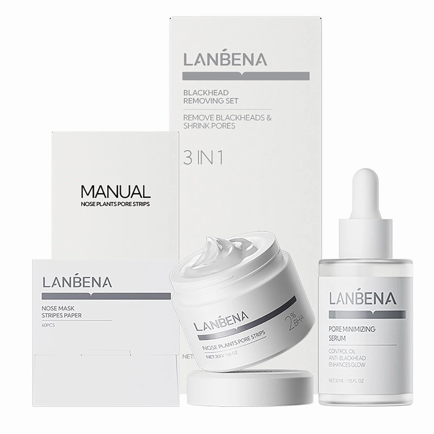 LANBENA 3 in 1 Blackhead Removing Set, Pore Strips 30g Pore Serum 30ml Removal Strip Paper, Black Head Remover Mask for Face, Pore Minimizer & Reducer for Face, Leaving Your Skin Fresh and Clean