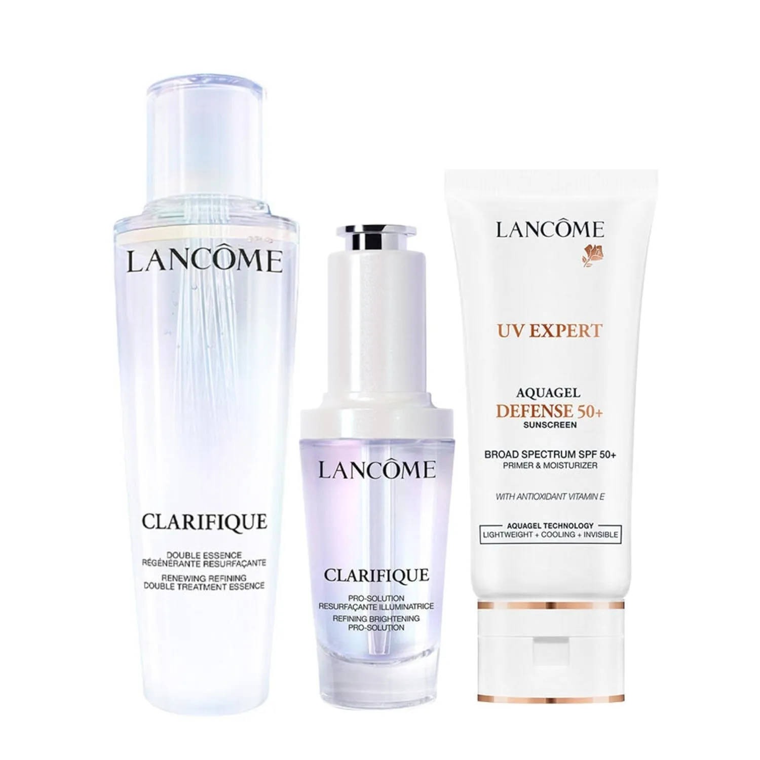 Lancôme Brightening Routine Skincare Bundle - Clarifique Double Treatment Essence, Clarifique Pro-Solution Serum & UV Expert Primer with SPF 50