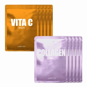 LAPCOS Vita C and Collagen Sheet Mask Set, (10-Pack) Daily Sheet Masks with Vitamin C and Collagen, Anti-Aging and Clarifying Duo to Treat and Renew Skin, Korean Beauty Favorites
