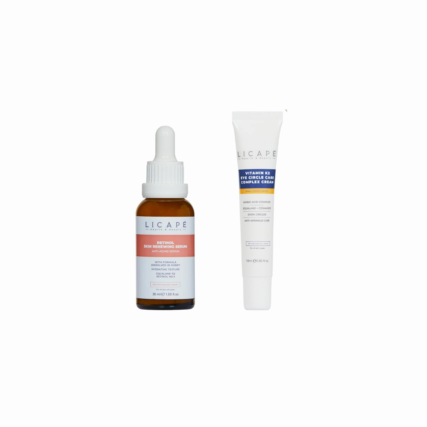 LICAPE® Skincare Set – Anti-Aging Brightening Retinol Serum 30ml & Vitamin K2 Eye Care Cream 15ml with Squalane, Hyaluronic Acid & Ceramides for Youthful, Hydrated & Revitalized Skin