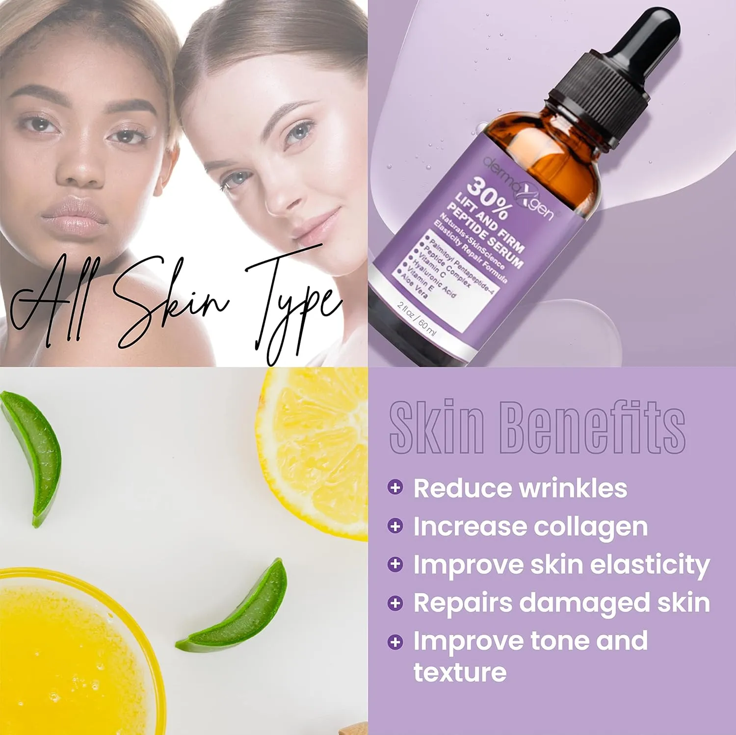 Lift And Firm - 30% Peptide Serum, Matrixyl 3000, Vitamin C & E   Hyaluronic Acid   Aloe Vera, Lifts, Firms & Tightens Skin   Pure Organic Anti-aging Serum (2 Fl Oz)
