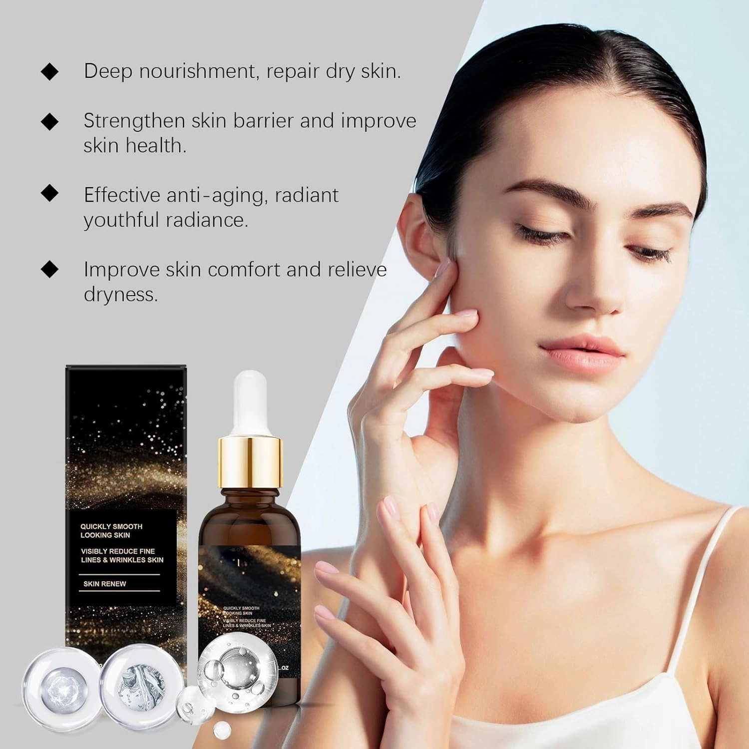 Liquid solution anti-aging serum, face firming skin care serum, plumps skin, moisturizes and nourishes, reduces fine lines and wrinkles