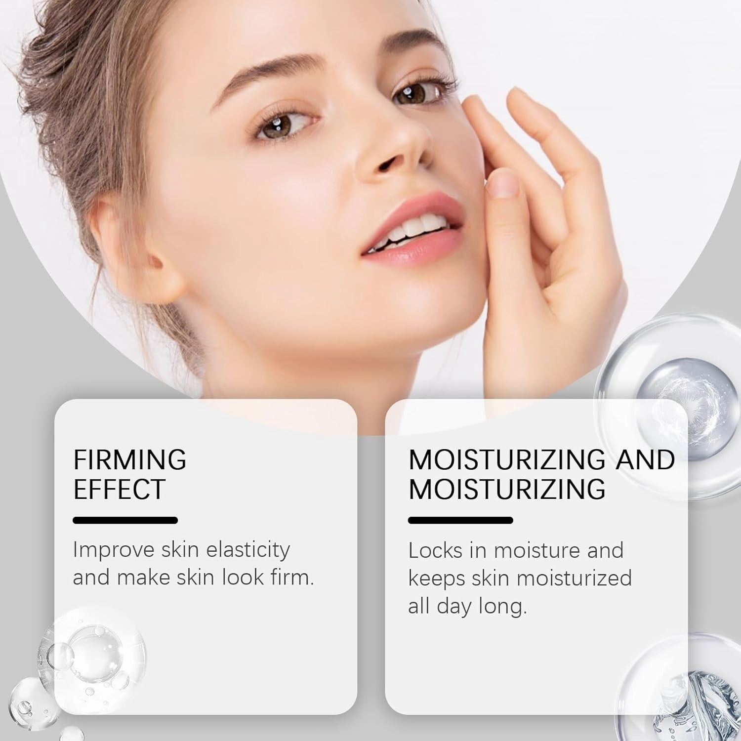 Liquid solution anti-aging serum, face firming skin care serum, plumps skin, moisturizes and nourishes, reduces fine lines and wrinkles
