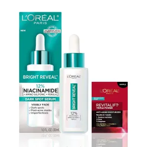 L’Oréal Paris Bright Reveal 12% [Niacinamide   Amino Sulfonic   Ferulic] Dark Spot Serum 1oz   Moisturizer Sample