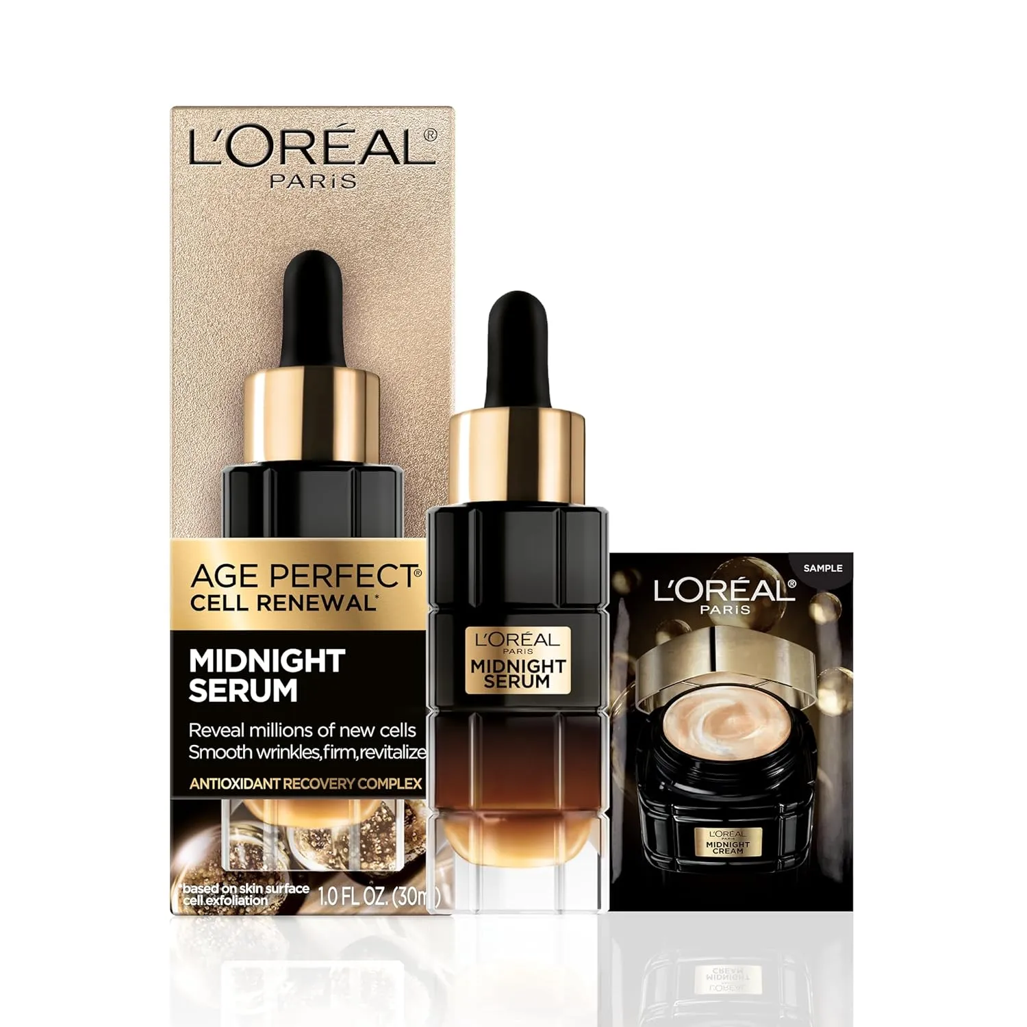 L'Oreal Paris Age Perfect Anti-Aging Midnight Face Serum, Reduce Wrinkles 1oz   Eye Cream Sample