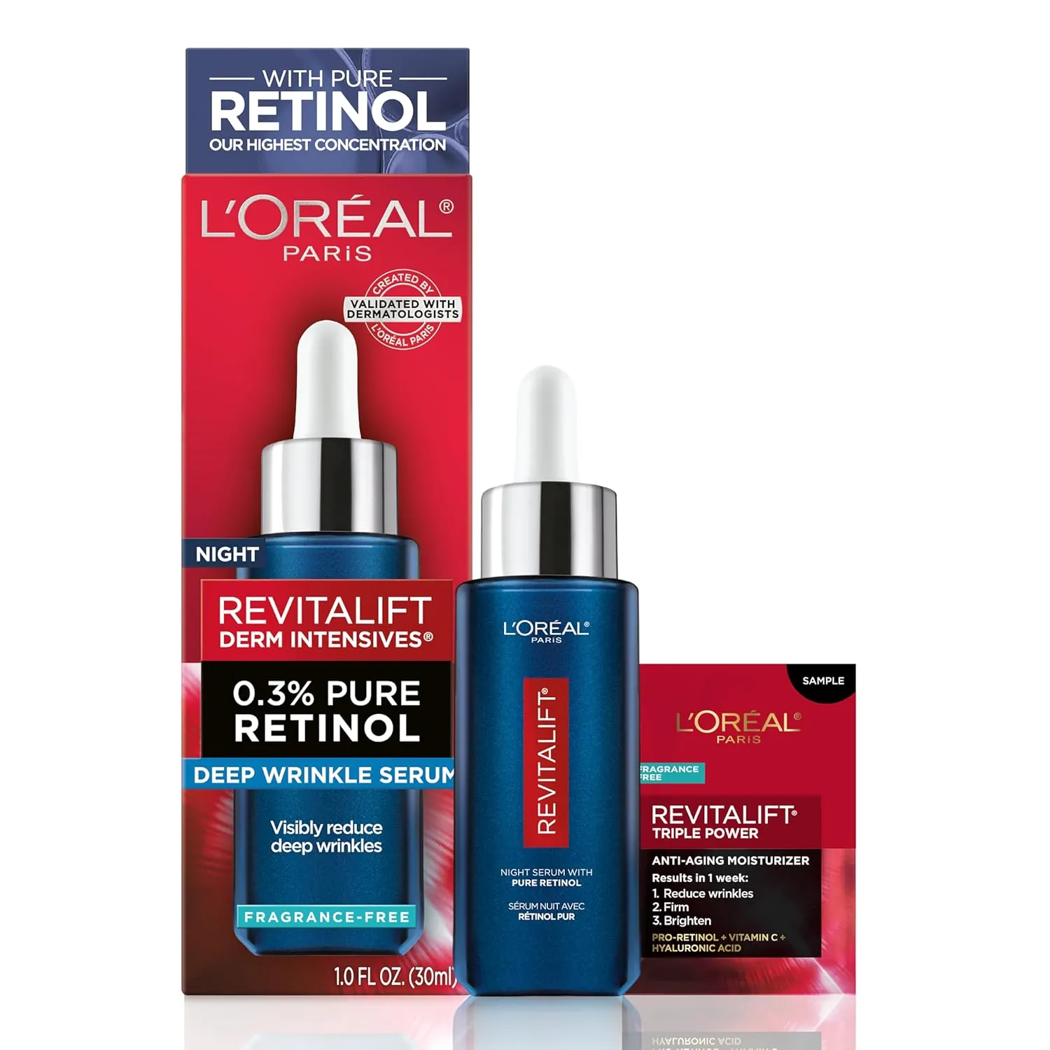 L'Oreal Paris Revitalift 0.3% Pure Retinol Night Serum, Reduce Deep Wrinkles, Fragrance Free 1 oz   Moisturizer Sample