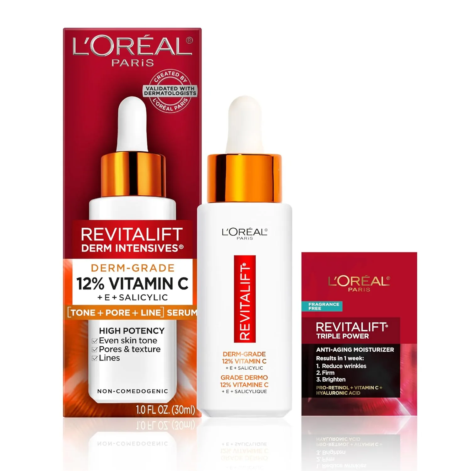 L'Oreal Paris Revitalift 12% Pure Vitamin C Serum, Vitamin E, Salicylic Acid, Brightening 1 oz   Moisturizer Sample