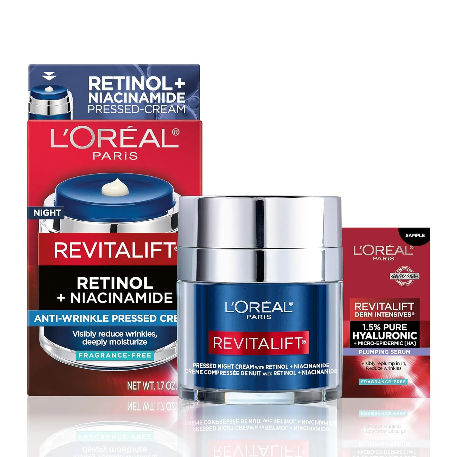 L'Oreal Paris Revitalift Pressed Night Cream, Retinol   Niacinamide, Reduces Wrinkles, Fragrance Free, 1.7 oz   Serum Sample