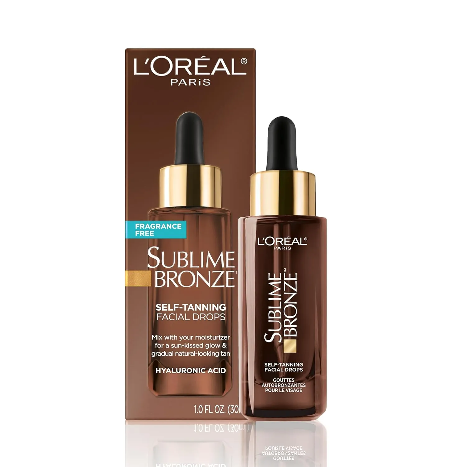 L’Oreal Paris Sublime Bronze Self Tanning Facial Drops with Hyaluronic Acid, Gradual Tan, Fragrance-Free, 1 fl. Oz