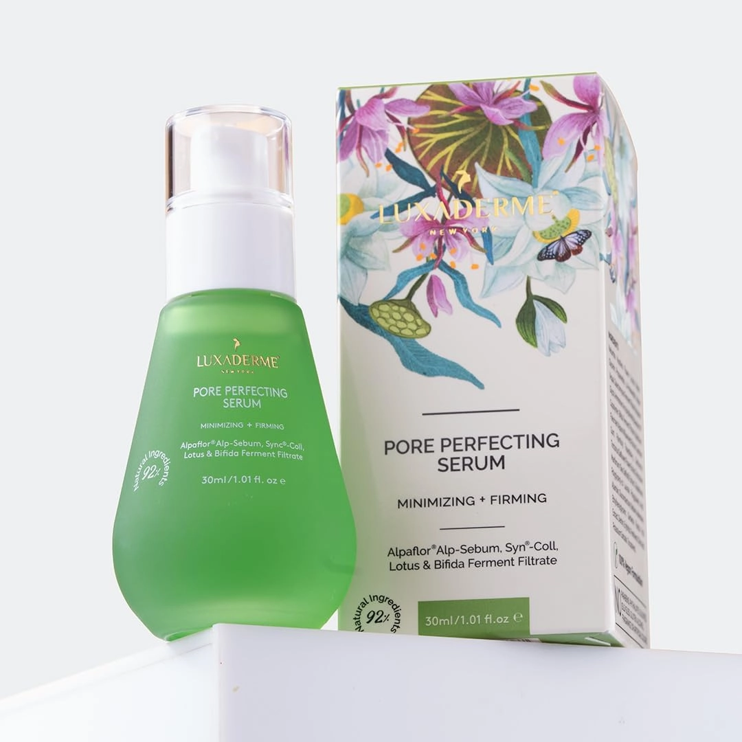 Lu-xaDerme' Pore Perfecting Face Serum - Minimizes Pores, Controls Oil & Sebum, Firms Skin | 96% Natural Ingredients with Lotus water, Alpaflor®,Galactomyces | 30ml