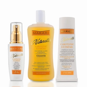MAKARI Naturalle Carotonic Extreme Brightening 3-Piece Set - Glycerin Oil, Brightening Serum, and Glow Renewing Face Cream SPF15 | Fades Scars & Marks | For Oily & Sensitive Skin | Hydrates & Brighten