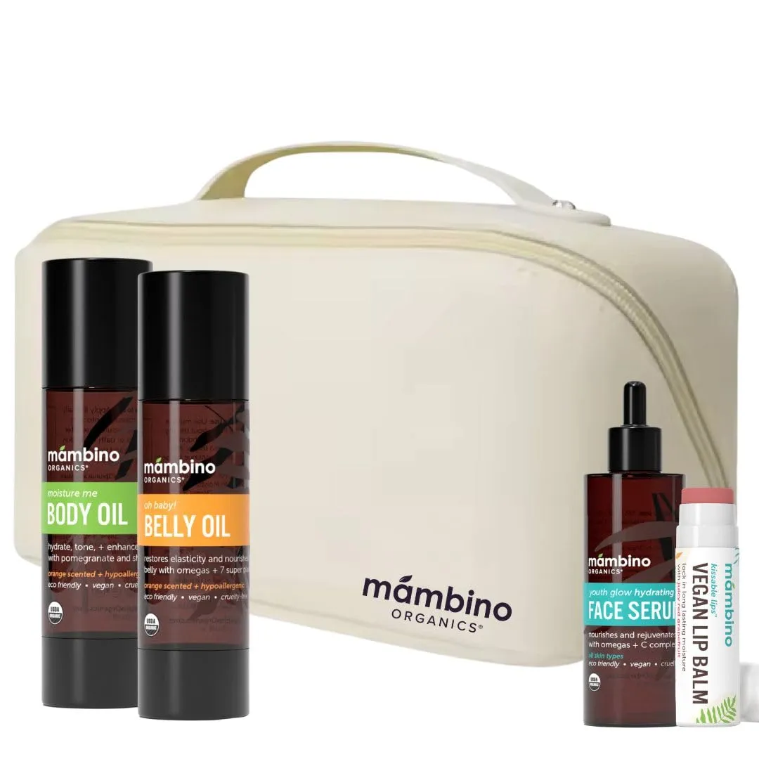 Mambino Organics Bun in the Oven Kit   Free Bag - Pregnancy Skin Care Kit with Belly Oil, Belly Lotion, Lip Balm - Organic Skincare Set for Pregnant Women - 5 Piece Set