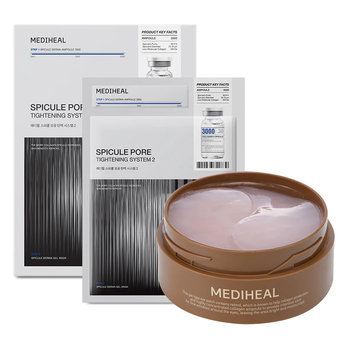 Mediheal Retinol Collagen Under Eye Patches & Collagen Spicule Pore Care System 3,000ppm Gel Mask 10 pcs - Serum   Gel Mask Set.