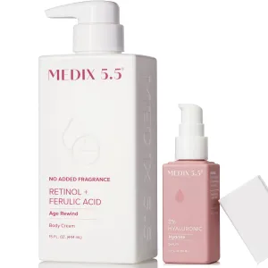MEDIX Fragrance Free Firming Retinol Body Lotion   3% Hyaluronic Acid Serum Booster 2pc Skin Care Set | Crepey Skin Care Treatment | Anti Aging Body Cream & Face Moisturizer For Crepe Skin & Dry Skin