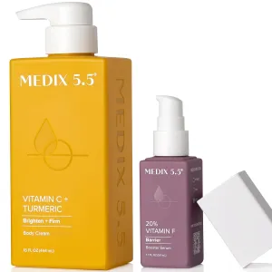 MEDIX Vitamin C Cream   Vitamin F Booster Serum Body Lotion Moisturizer 2PC Skin Care Set | Firming & Brightening Cream Diminishes Uneven Skin Tone, Age Spots, Dry Skin, & Sun Damage, 2PC Bundle