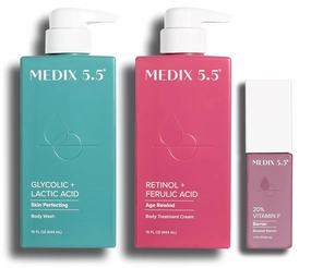 Medix 5.5 Glycolic Acid Exfoliating Body Wash   Retinol Age Rewind Firming Body Cream   20% Vitamin F Anti Aging Serum Set