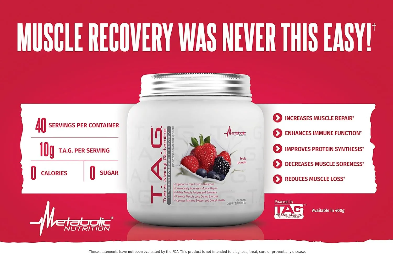 Metabolic Nutrition, TAG, Trans Alanyl Glutamine, 100% L-Glutamine Peptide Powder, Pre Intra Post Workout Supplement, 400 Grams (40 Servings) (Unflavored)