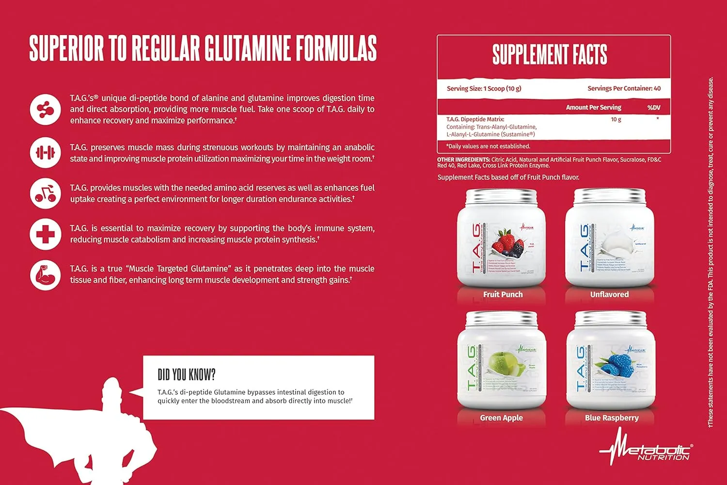 Metabolic Nutrition, TAG, Trans Alanyl Glutamine, 100% L-Glutamine Peptide Powder, Pre Intra Post Workout Supplement, 400 Grams (40 Servings) (Unflavored)
