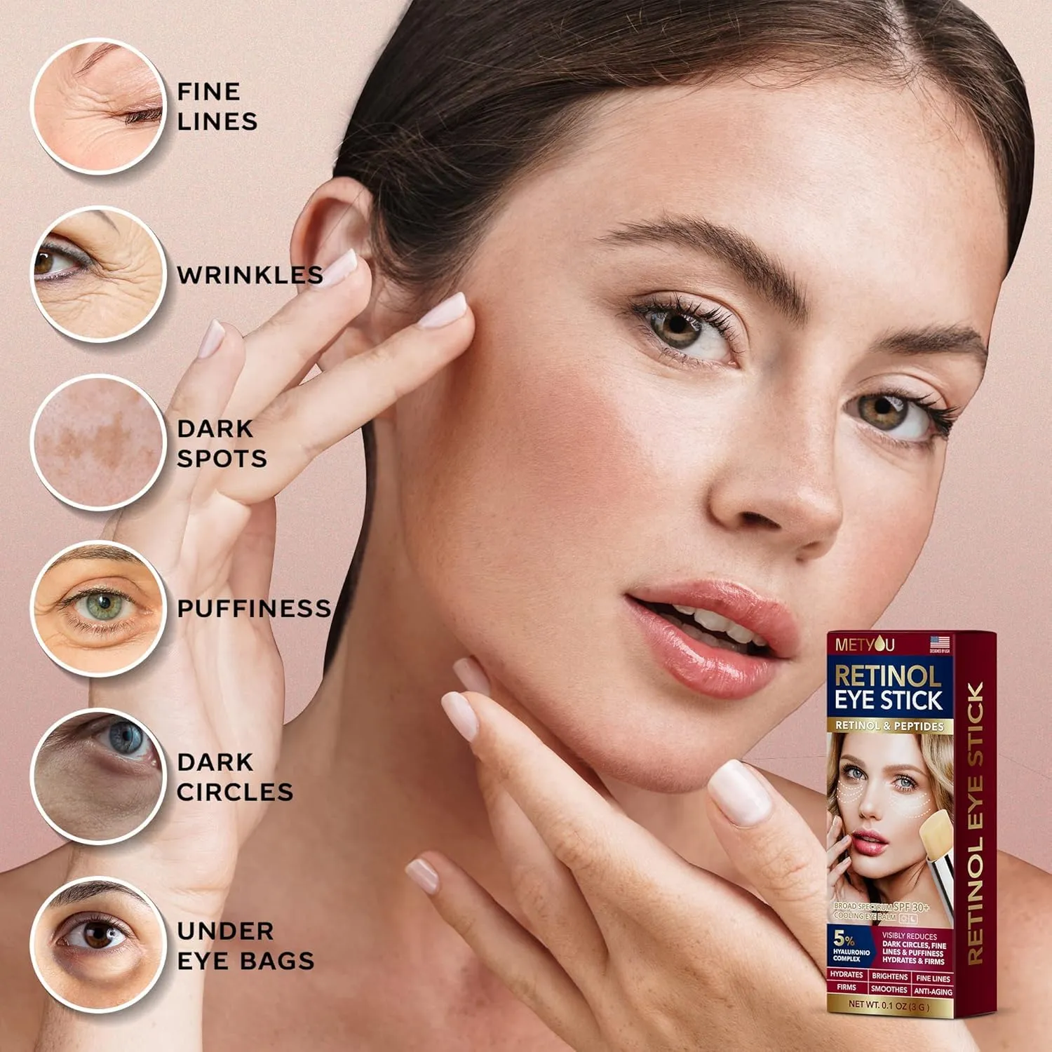 Metyou Retinol Eye Stick,Cooling&Brightening Cream Firms & Hydrates for Dark Circles,Puffiness Bags,PEPTIDES 5% Hyaluronic Acid Complex,SPF 30  Visible Results in 3-4 Weeks(3g),Pack of 1,0.1 Ounce