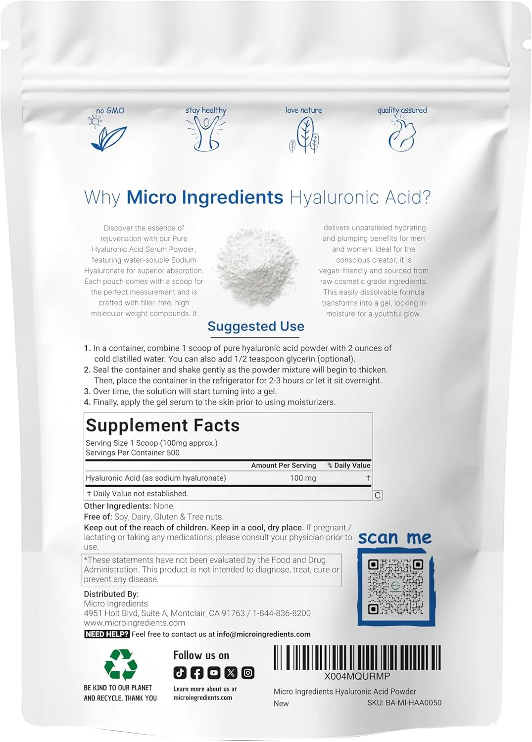 Micro Ingredients Hyaluronic Acid Serum Powder, 50 Grams | Low Molecular Weight, Cosmetics Grade | Skin Hydration and Moisture Support Supplements | Vegan, Water Soluble (Within 2 Hours)