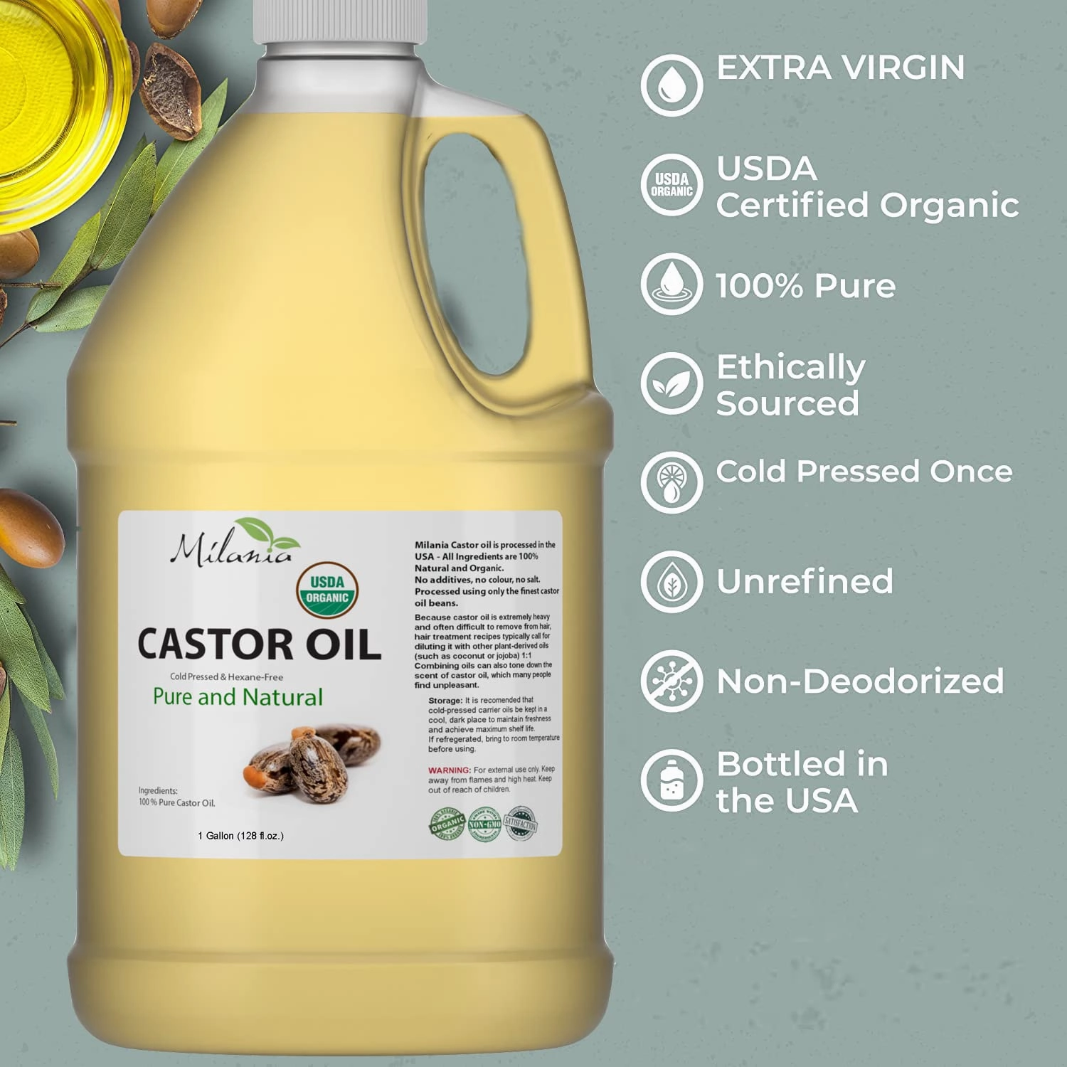 MILANIA Organic Castor Oil - (1 Gallon) 100% Pure Cold-Pressed Beauty & Skincare Serum - Eyelash & Eyebrow Hair Growth Enhancer
