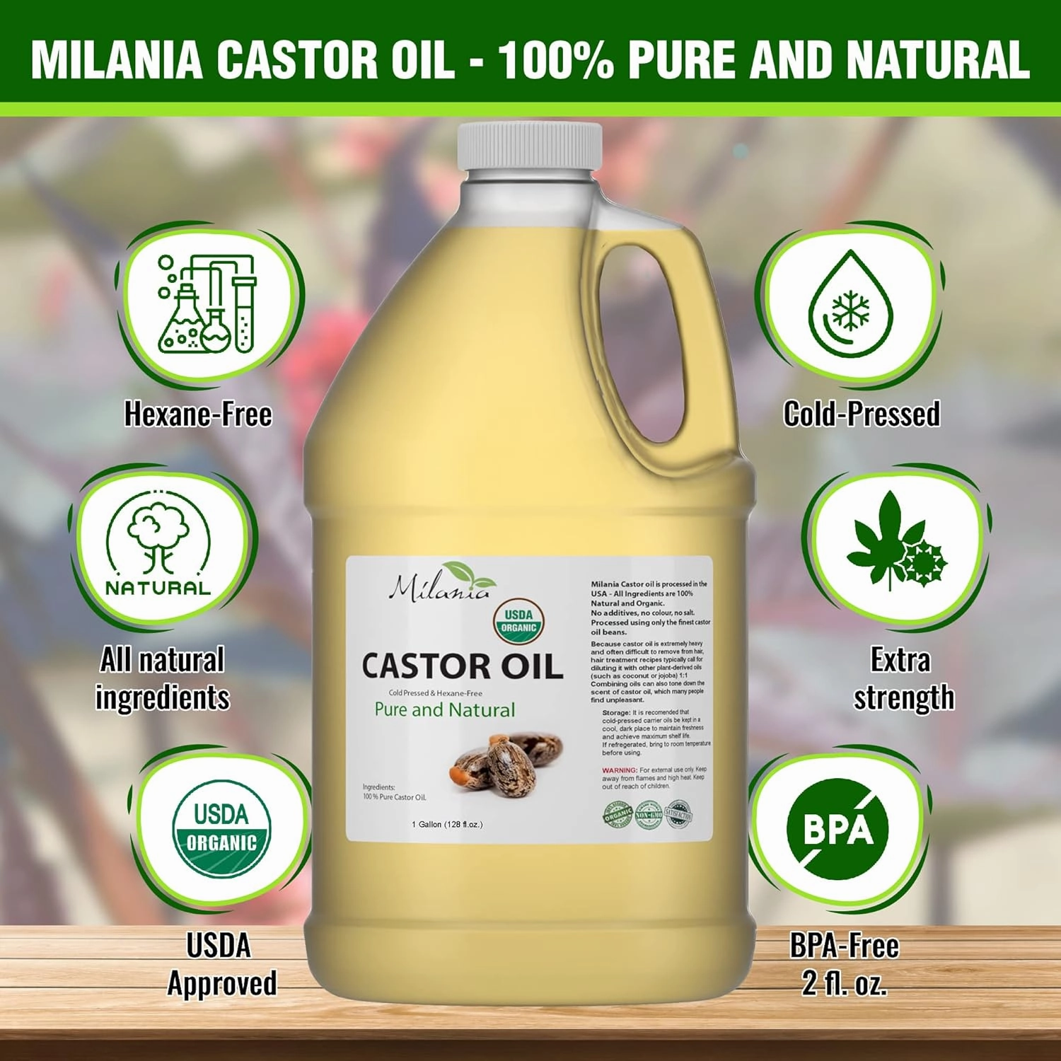 MILANIA Organic Castor Oil - (1 Gallon) 100% Pure Cold-Pressed Beauty & Skincare Serum - Eyelash & Eyebrow Hair Growth Enhancer