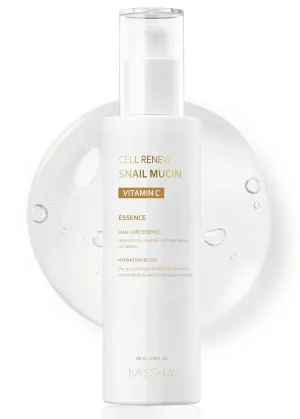 MISSHA Cell Renew Snail Mucin Vitamin C Essence Serum 3.38 Fl oz - Hydrating Korean Skincare for Glass Skin, Snail Mucin Serum for Improved Skin Texture & Complexion
