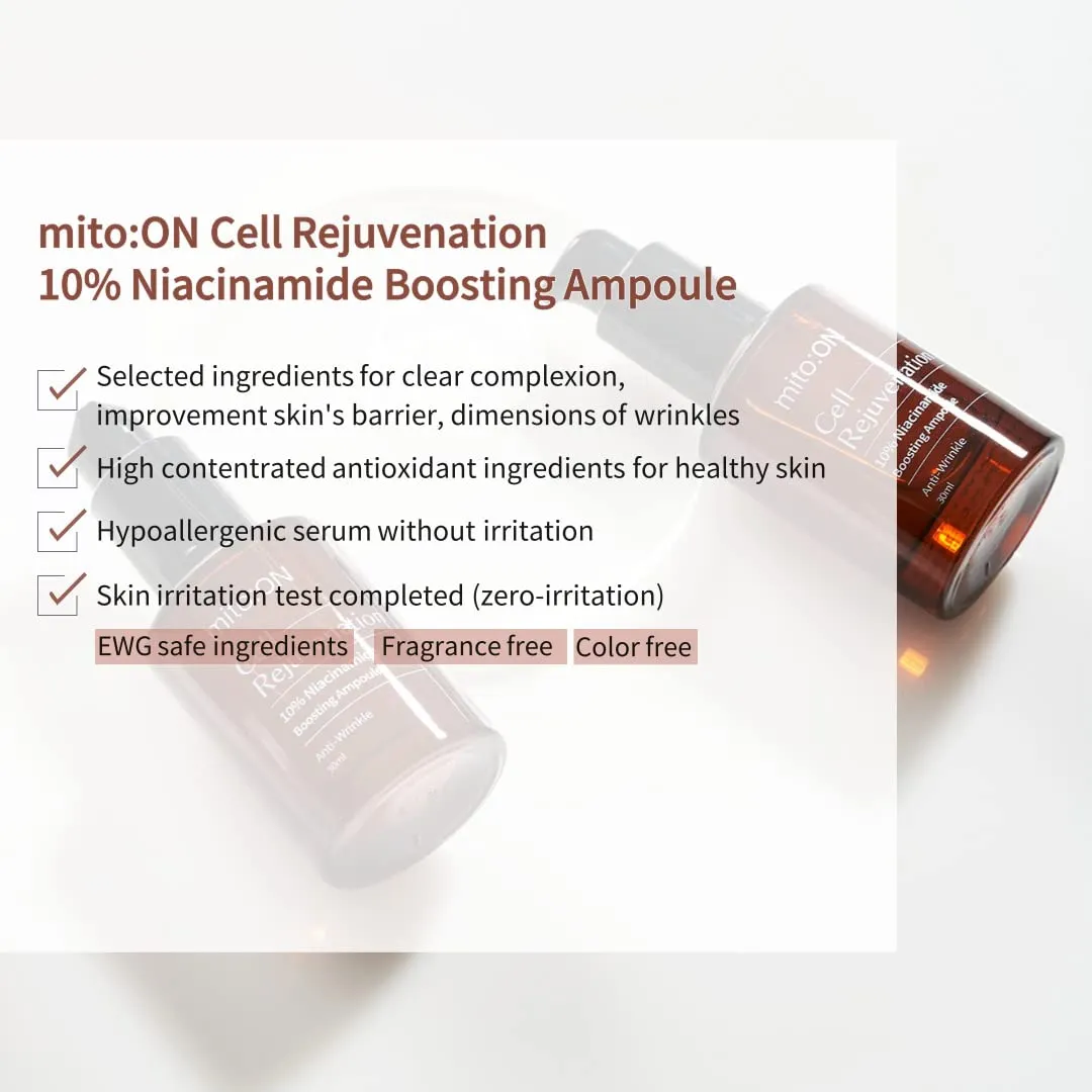 Mito-on Cell Rejuvenation Anti-Aging Serum, 30ml / 1.01 fl.oz –10% Niacinamide, Vitamin B3 and Antioxidants, Centella   EGF for Anti-Aging, Wrinkle Reduction, Pore minimization, Korean Skin Care