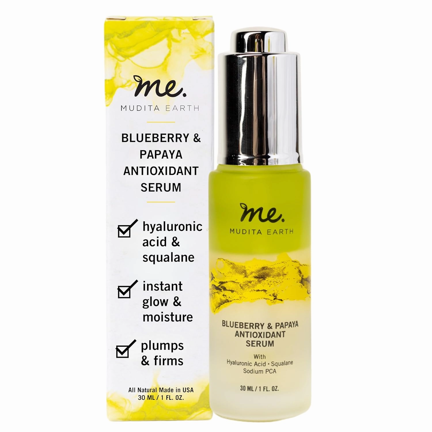 Mudita Earth Hyaluronic Acid Serum with Vitamin B5 & Papaya Enzyme, Anti-Aging Glow Serum for Face, Skin Elasticity and Hydration made with Organic Blueberry and Papaya