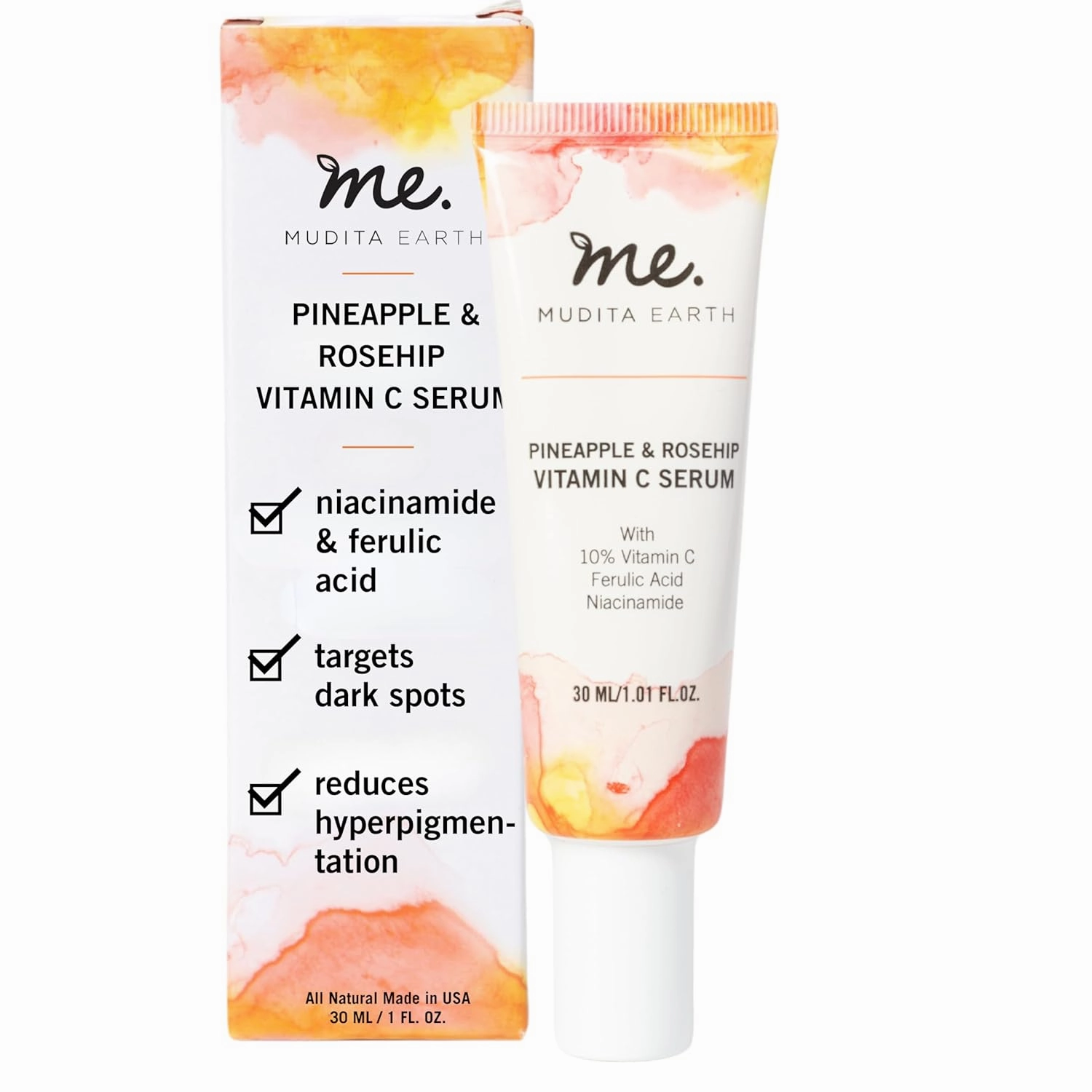 Mudita Earth Vitamin C & Niacinamide Serum, Organic Vitamin C & E for Acne Scars, Dark Spots, Brightening & Rejuvenation made with Pineapple & Rosehip