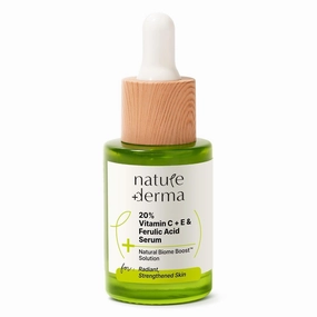 N'atur'e-Derm'a, 20% Vitamin C, Vitamin E & Ferulic Acid Serum with Natural Biome-Boost| Reduces Dark Spots, Fine Lines, Wrinkles & Signs of Aging| Radiant, Glowing & Strengthened Skin | 30ml