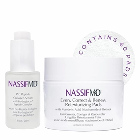 NassifMD Pro Peptide Collagen Serum & Even Correct Retexturizing Pads Bundle, Peptide Serum Textured Skin Treatment, Fine Lines and Wrinkles Treatment, Anti Aging, Firms and Smooths Skin