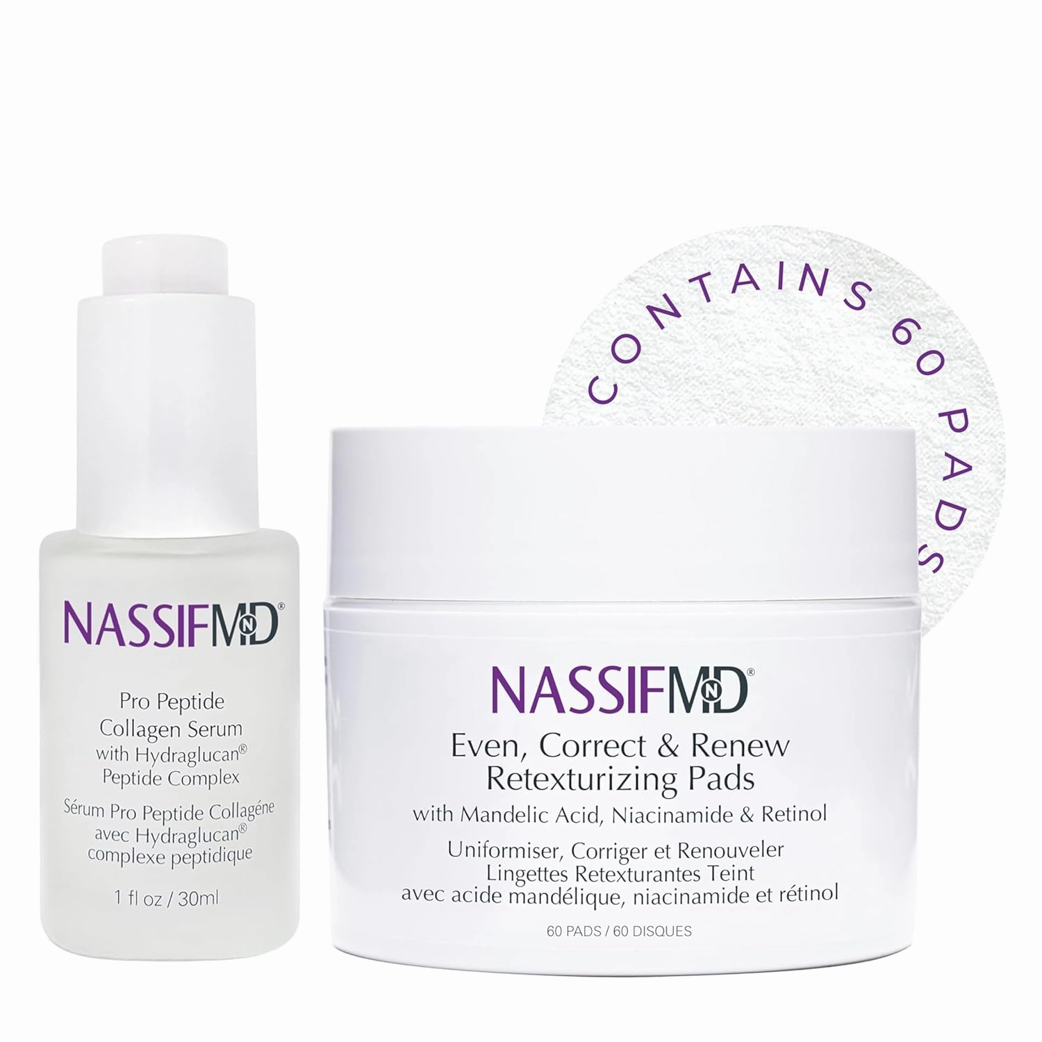 NassifMD Pro Peptide Collagen Serum & Even Correct Retexturizing Pads Bundle, Peptide Serum Textured Skin Treatment, Fine Lines and Wrinkles Treatment, Anti Aging, Firms and Smooths Skin
