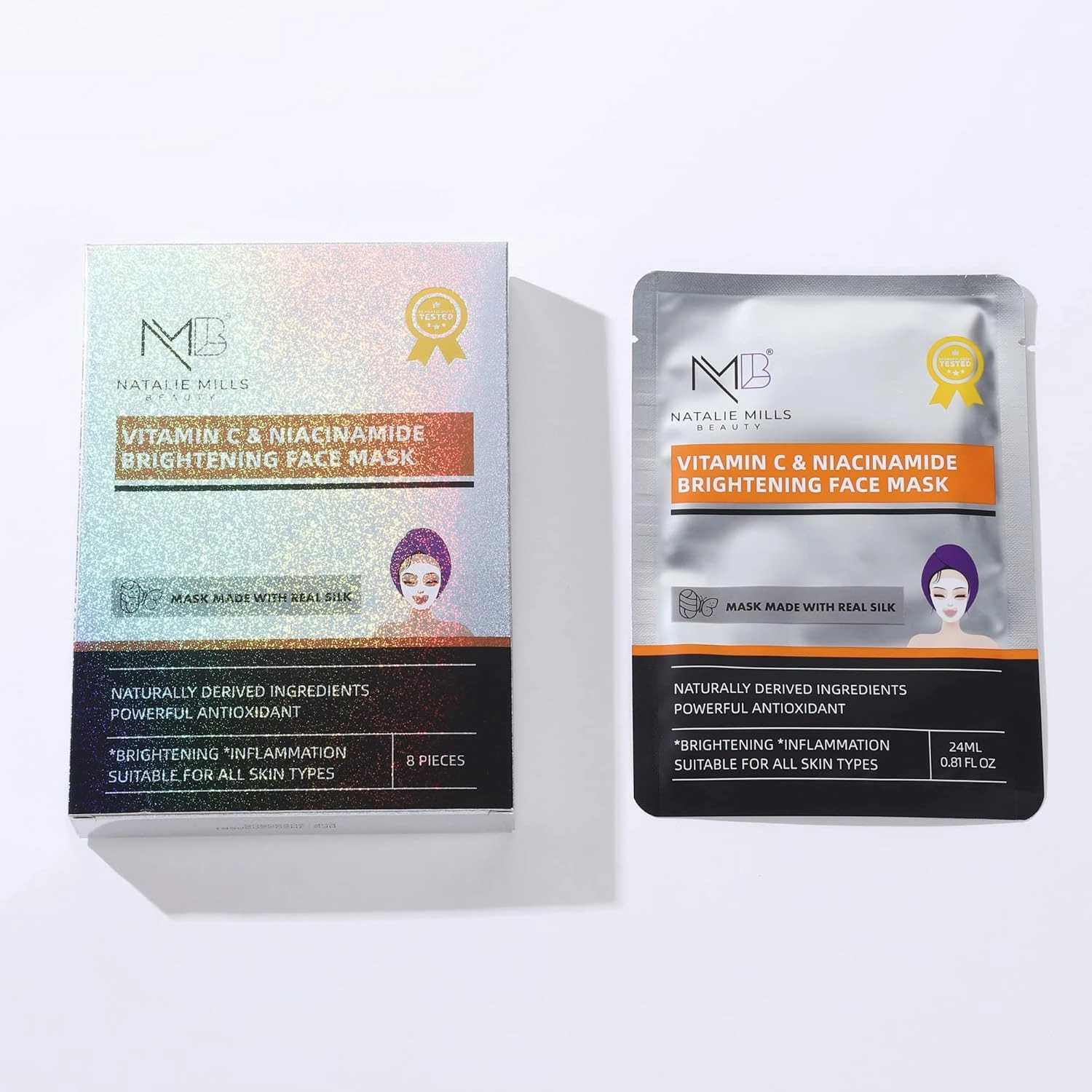 Natalie Mills Vitamin C & Niacinamide Brightening Anti-Aging SILK Face Mask - 8pcs