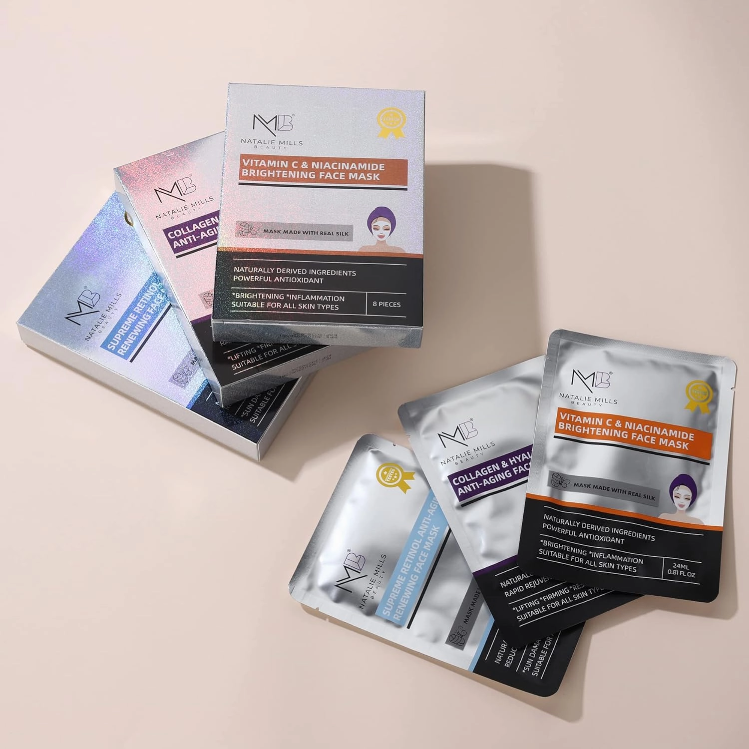Natalie Mills Vitamin C & Niacinamide Brightening Anti-Aging SILK Face Mask - 8pcs