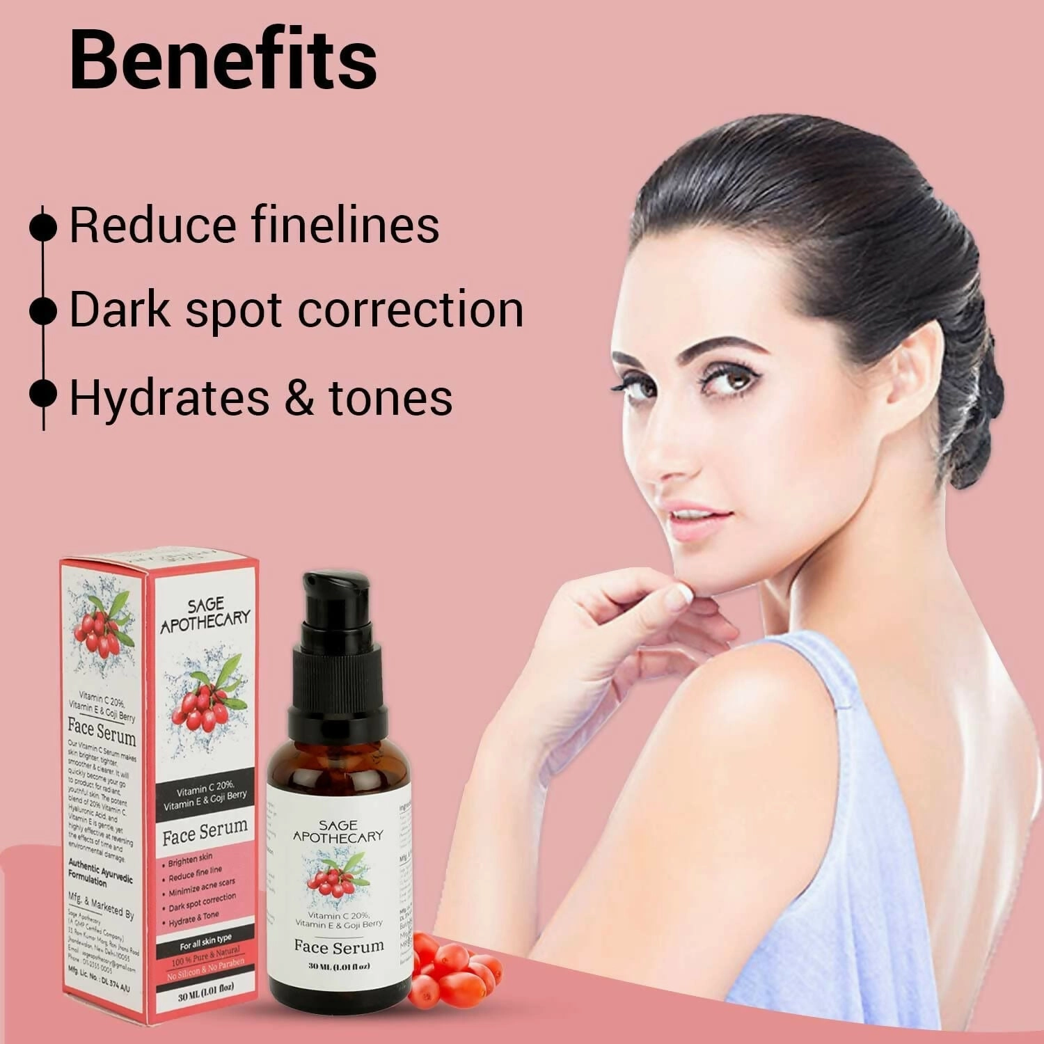 Natural Vitamin C 20% Face Serum with Vitamin E & Goji Berry (30ML)