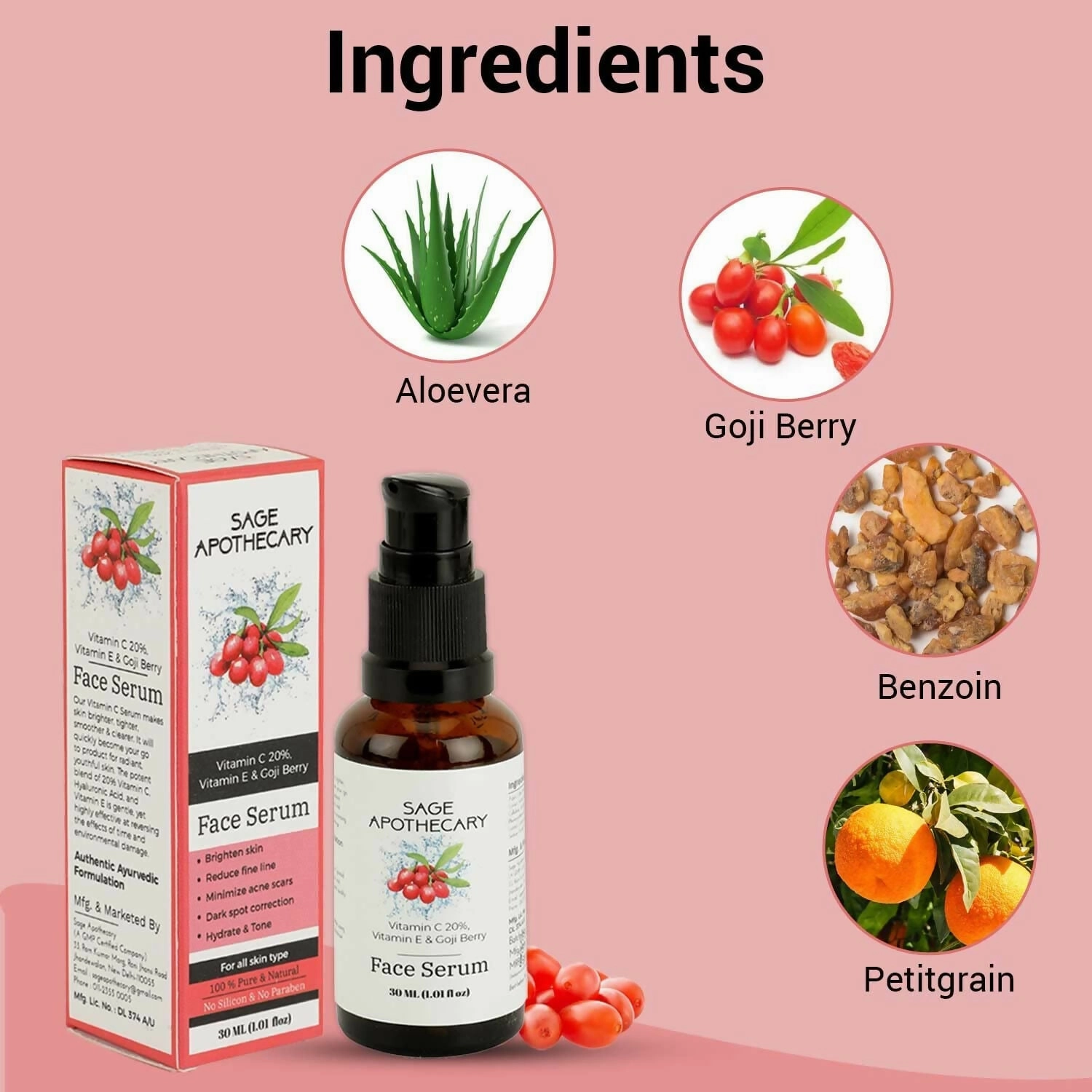 Natural Vitamin C 20% Face Serum with Vitamin E & Goji Berry (30ML)