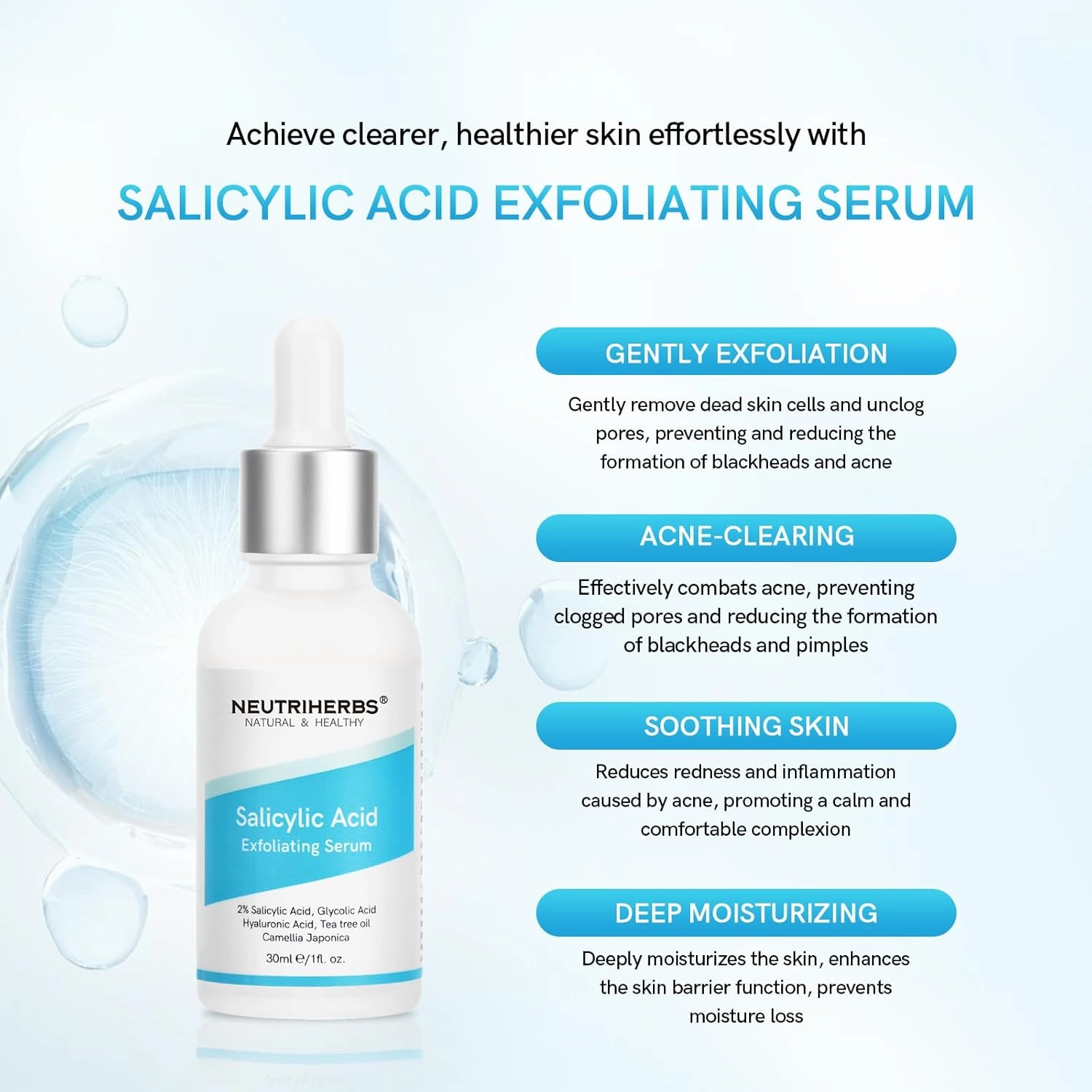 NEUTRIHERBS Salicylic Acid Exfoliating Serum, Unclogged And Minimized Pores, Face Serum For Acne Prone & Oily Skin - 1 fl oz