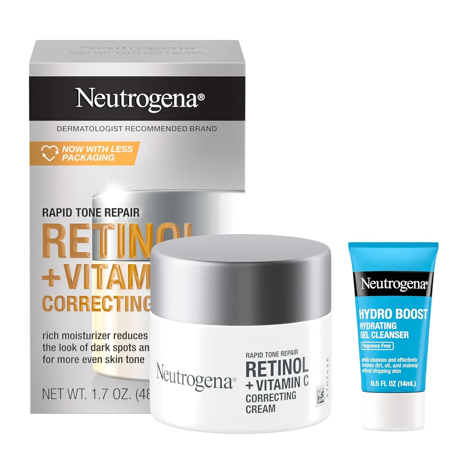 Neutrogena Rapid Tone Repair Retinol   Vitamin C Face Moisturizer, Dark Spot Corrector, Anti-Aging Face Cream for Even Tone 1.7 oz   Trial Size Hydro Boost Facial Cleanser, 0.5 fl. oz