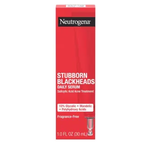 Neutrogena Stubborn Blackheads Daily Acne Facial Serum with Salicylic, Glycolic, Polyhydroxy & Mandelic Acids, Oil-Free Face Serum for Acne-Prone Skin to Help Clear Clogged Pores, 1 fl. oz
