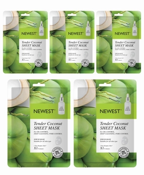 NEWEST Tender Coconut Sheet Mask, Oil Control & Deep Cleansing, 15 Minutes Treatment, Pack of 5