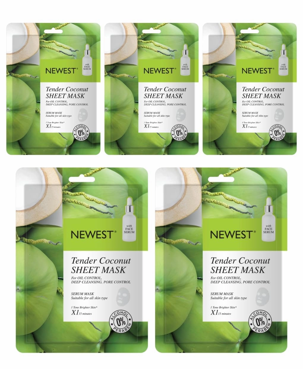 NEWEST Tender Coconut Sheet Mask, Oil Control & Deep Cleansing, 15 Minutes Treatment, Pack of 5