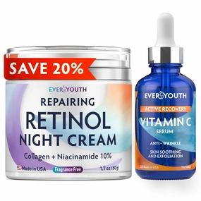 Night Cream Face Moisturizer & Vitamin C Serum 20% Bundle, Retinol, Collagen, Niacinamide Anti Aging Overnight Mask and Stem Cell Serum - Save 20%